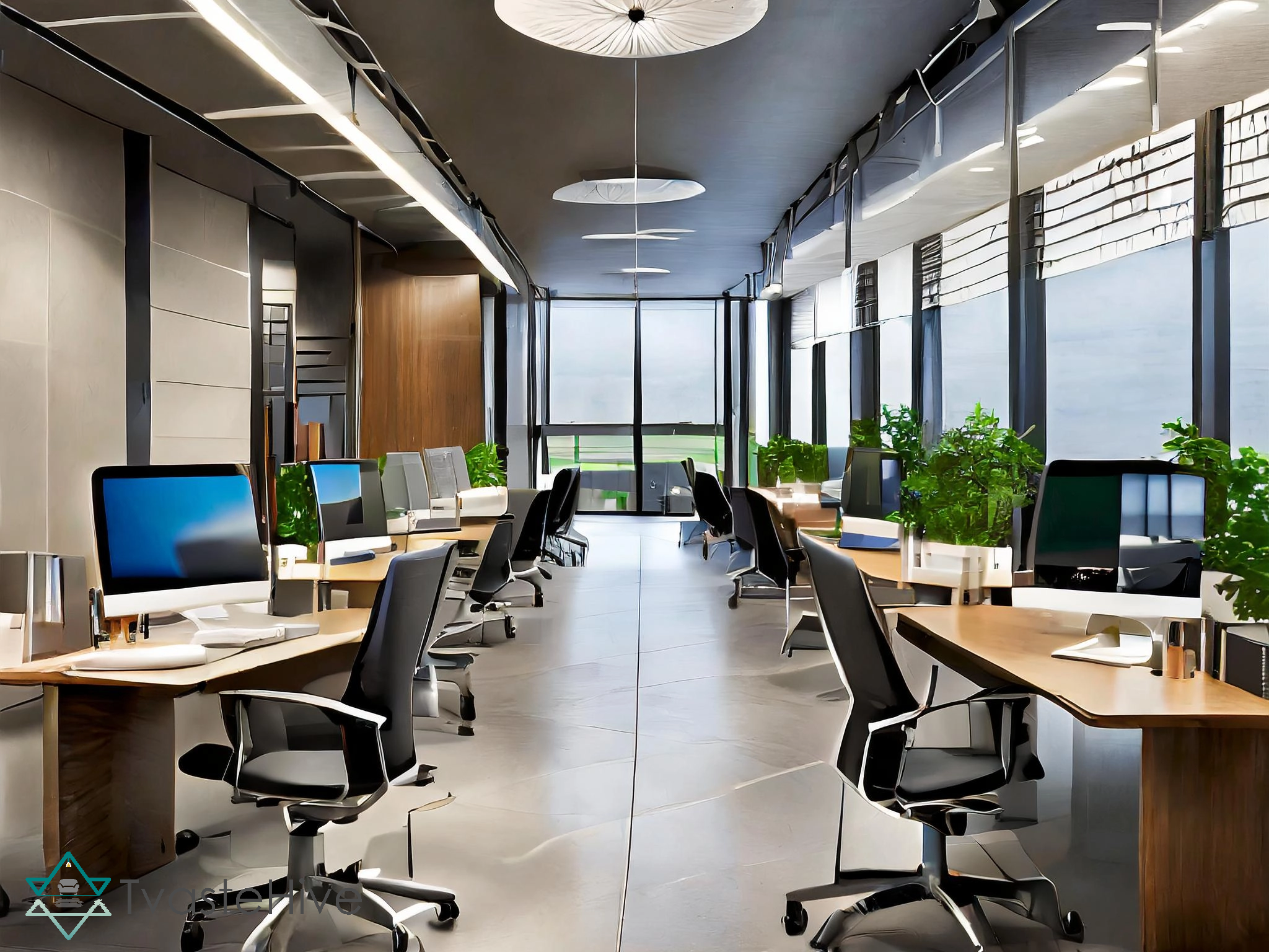 TvasteHive open work area with natural light from windows and wooden workstations.