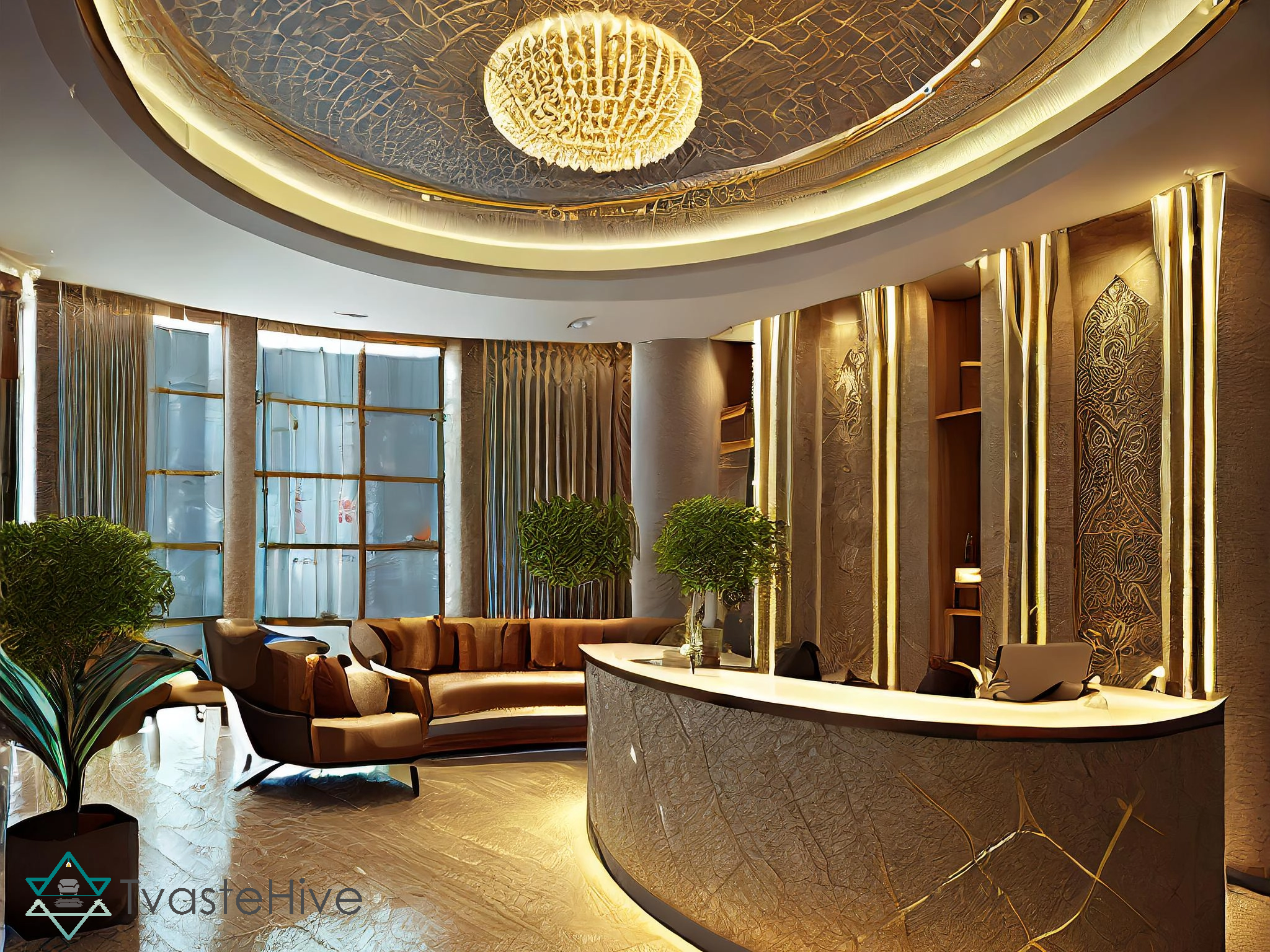 A modern office lobby with a crystal chandelier hanging from the high ceiling.