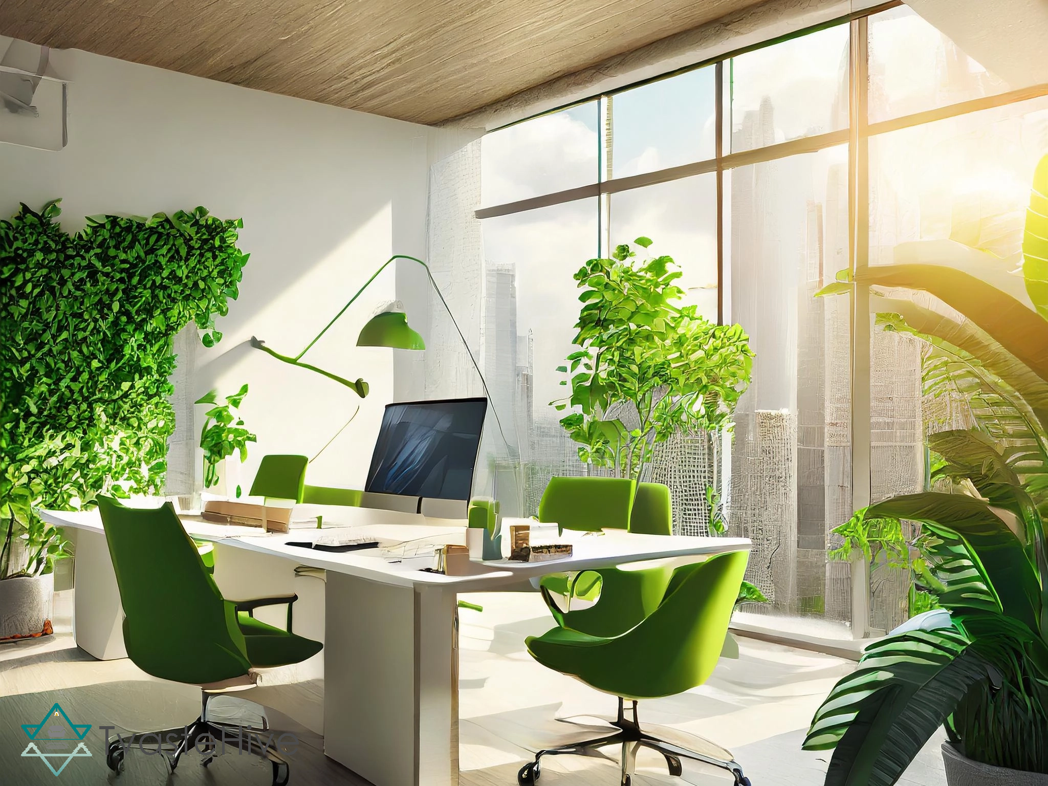 Private office interior with green ergonomic chairs, plants, and a desk by TvasteHive.
