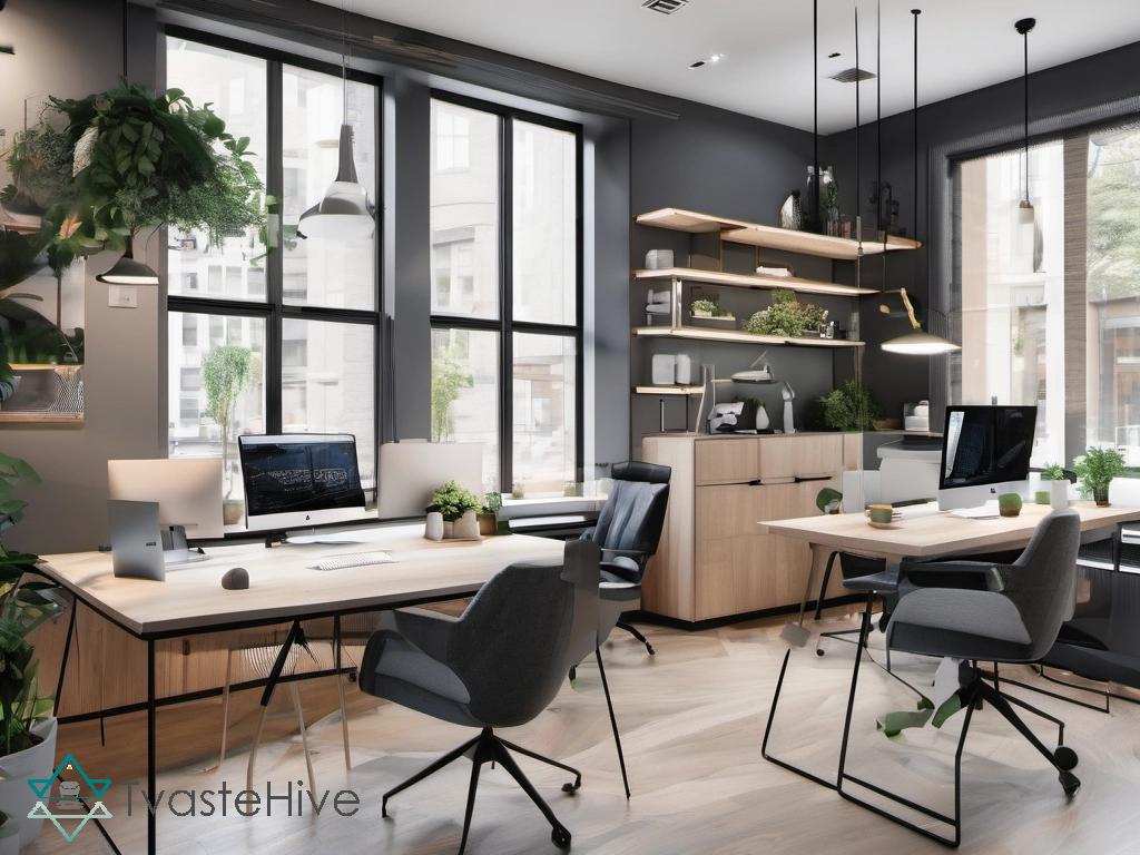 TvasteHive open workspace with plants, comfortable workstations, and a company logo on the wall.