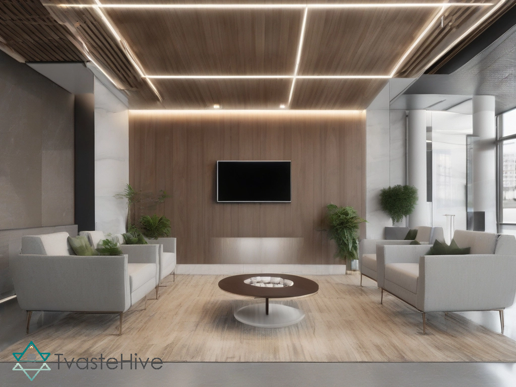 Modern reception area with crystal chandelier, black chairs, and white counter designed by TvasteHive.