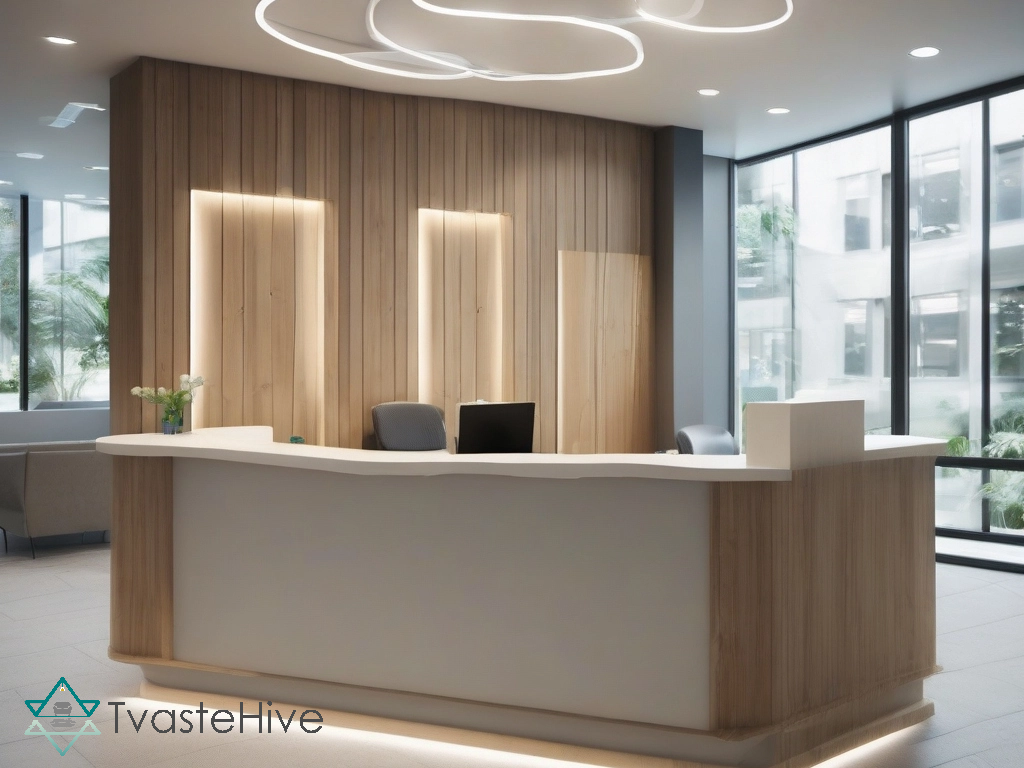 Bright and spacious reception area with white desk, wooden accent wall with company logo, and green plants by TvasteHive.
