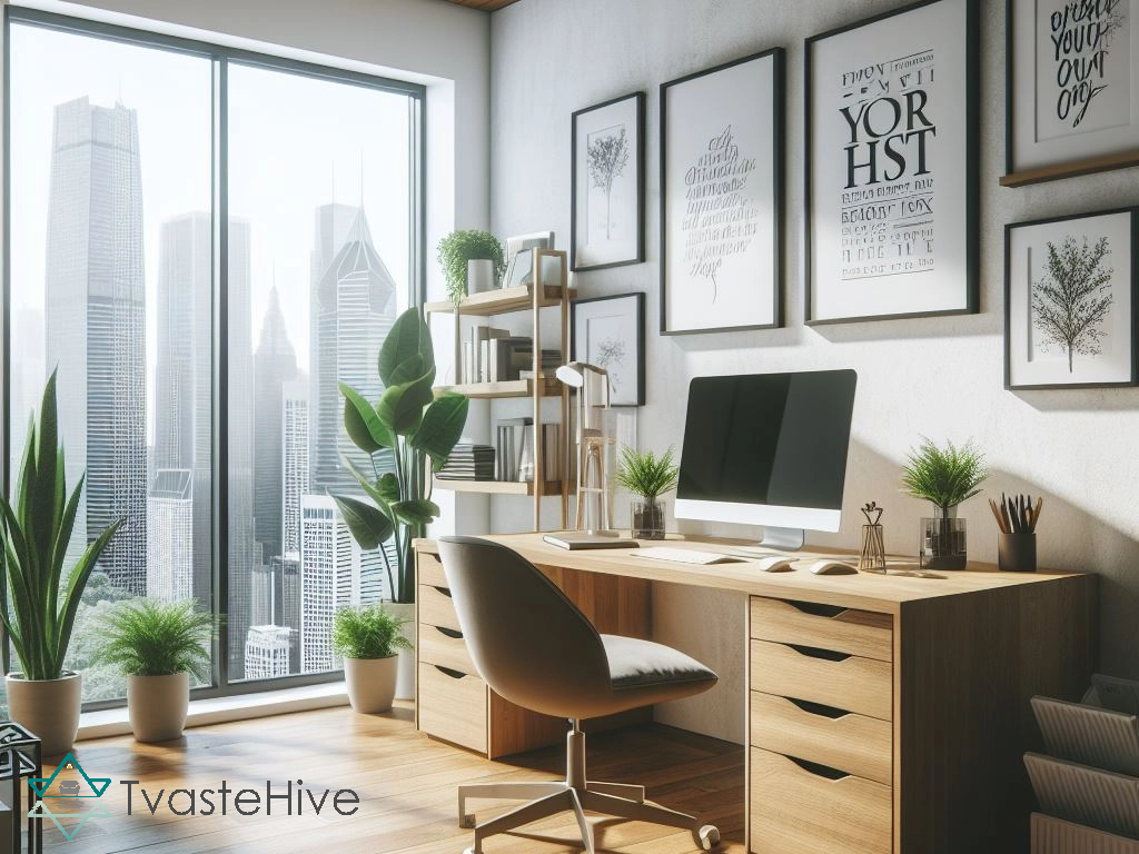 TvasteHive open workspace with wooden workstations, geometric rug, and plants.