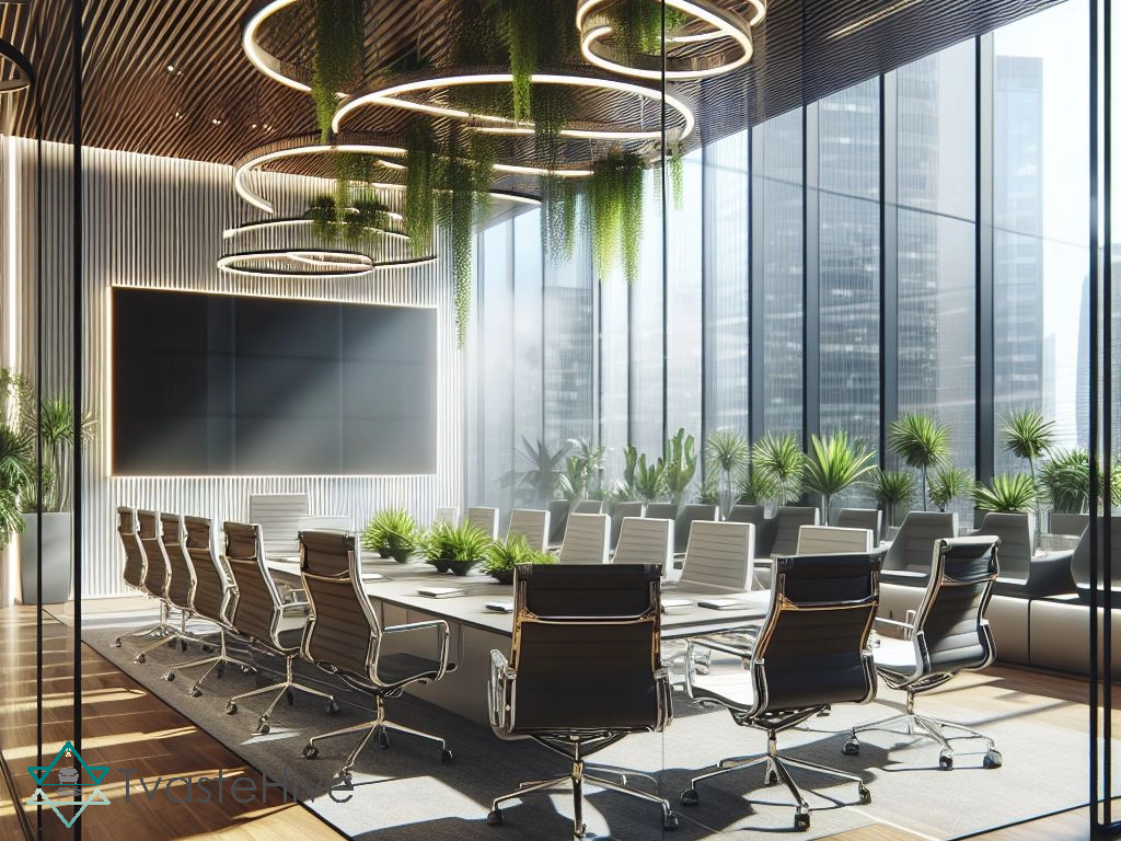 TvasteHive meeting room with long table, white chairs, and window with blinds.