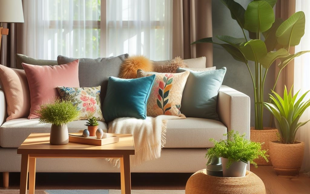 A cozy living room with a light colored couch, wooden coffee table, and several potted plants.