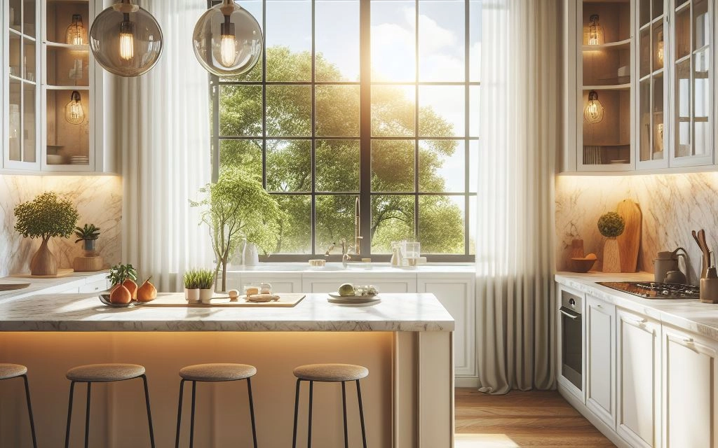 Light and airy kitchen with a large window providing natural light and a glimpse of a garden.