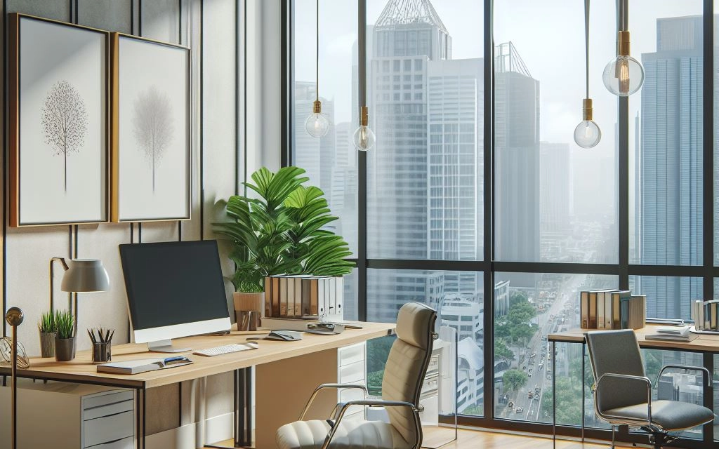 Office workspace with a desktop computer on a desk in a bright and airy environment.