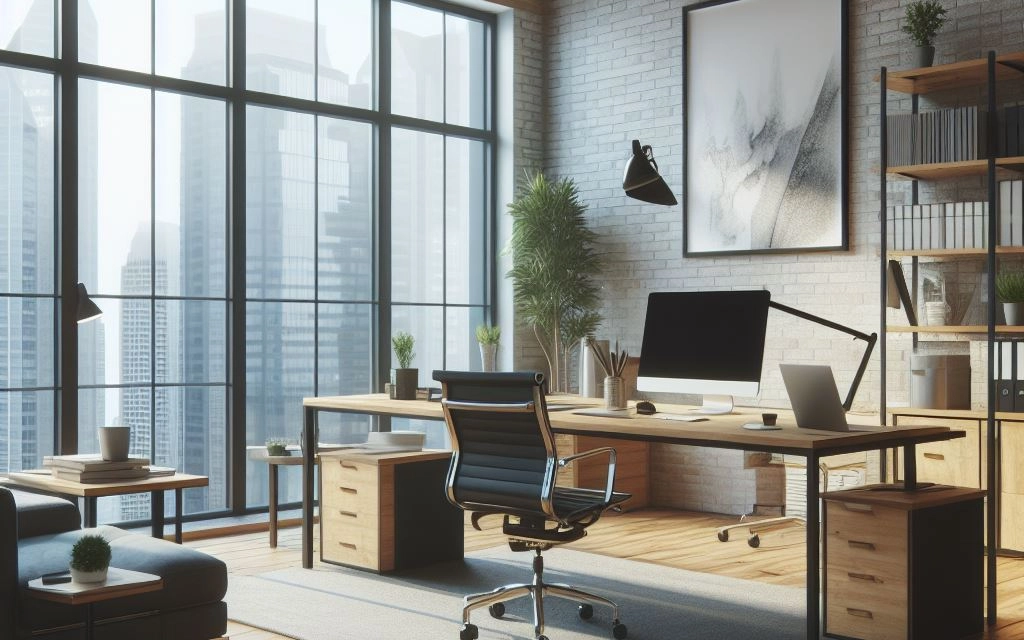 About Us Desk with modern desktop computer: black tower, widescreen monitor, keyboard, mouse.