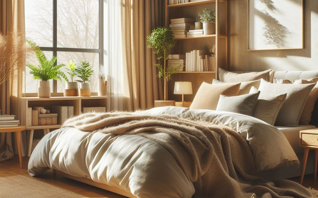 A cozy bedroom with a bed and a window.