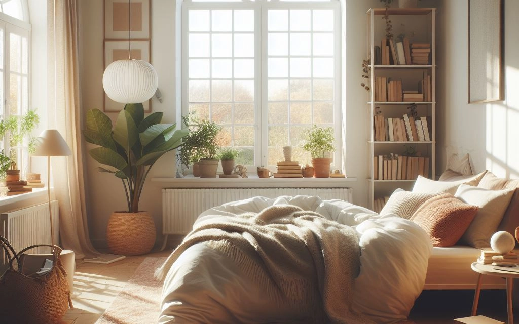 A bedroom with a wooden bed frame, white bedding, and a bookshelf filled with colorful books against a light green wall.