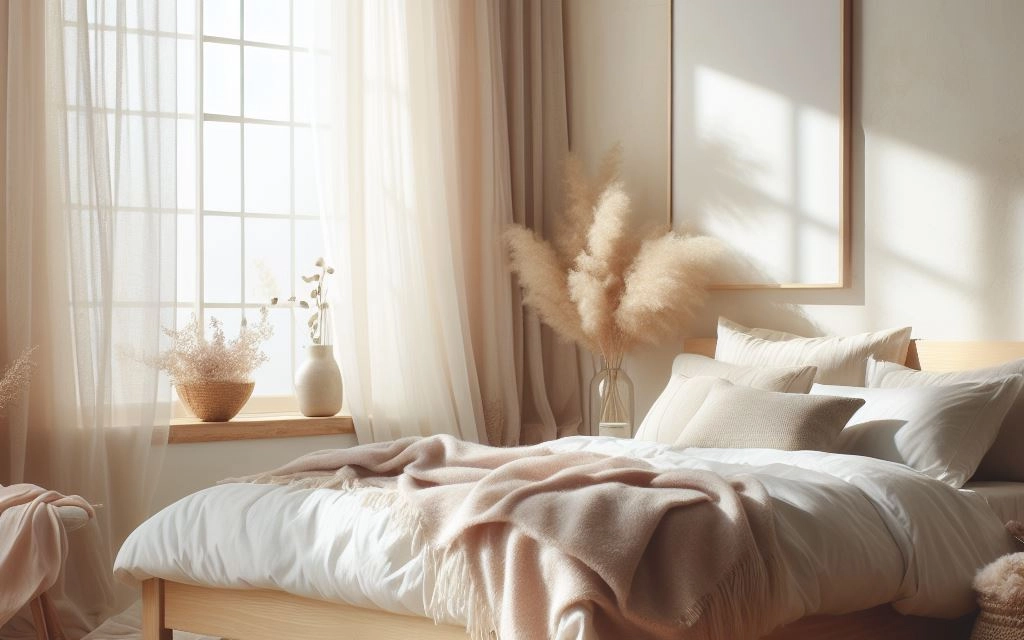 A bedroom with a simple wooden bed frame, white bedding, and a nightstand with a lamp on the left. A large window with white curtains is on the right wall.