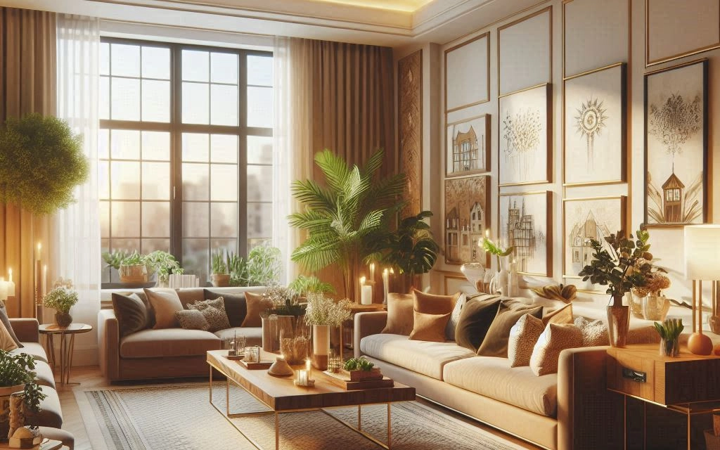 Living room interior in mid-century modern style with a brown leather sofa, wooden coffee table with glass top, and a variety of plants.