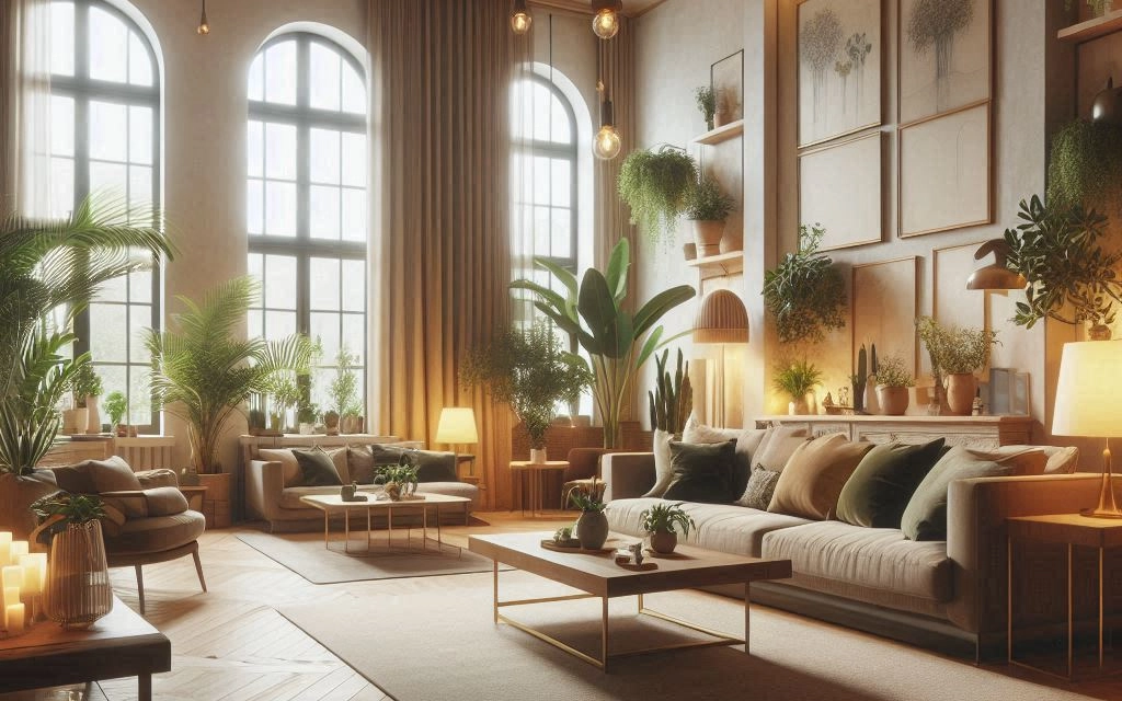 Living room with mid-century furniture and plants.