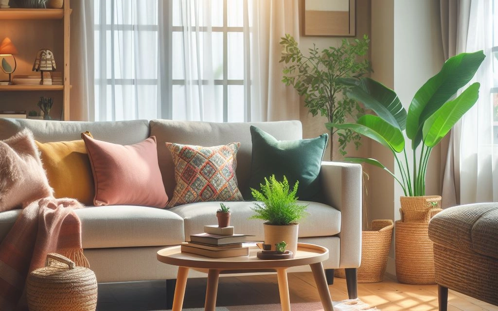 Living room interior with mid-century modern furniture and a variety of plants.